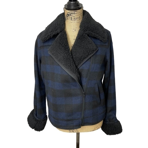 Treasure & Bond Nordstrom Check Jacket Faux Sherpa Navy and Black Size XS - Picture 2 of 12